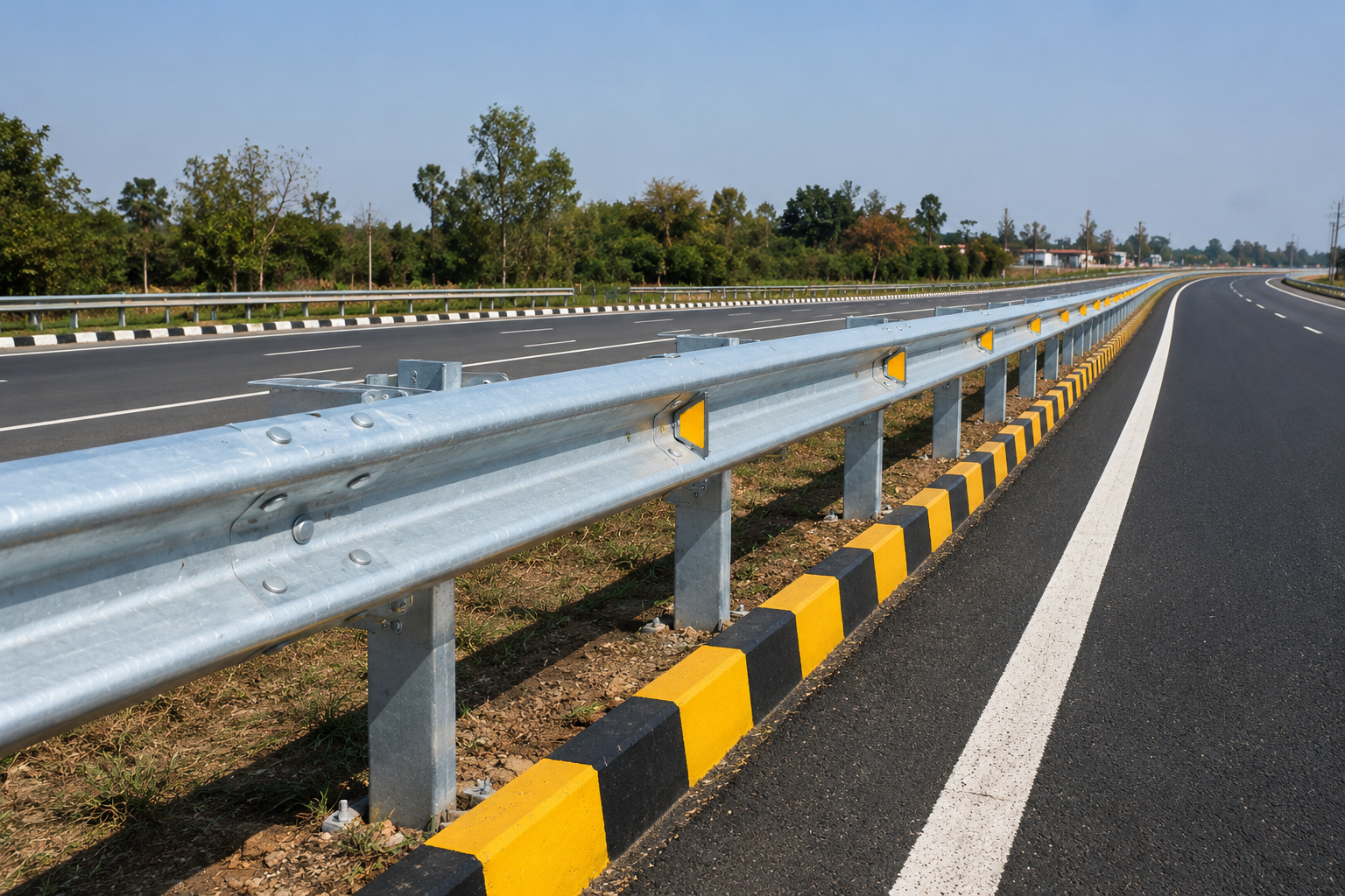 Hot-dip galvanised highway guardrail installed on Indian expressway as per MORTH and IRC specifications