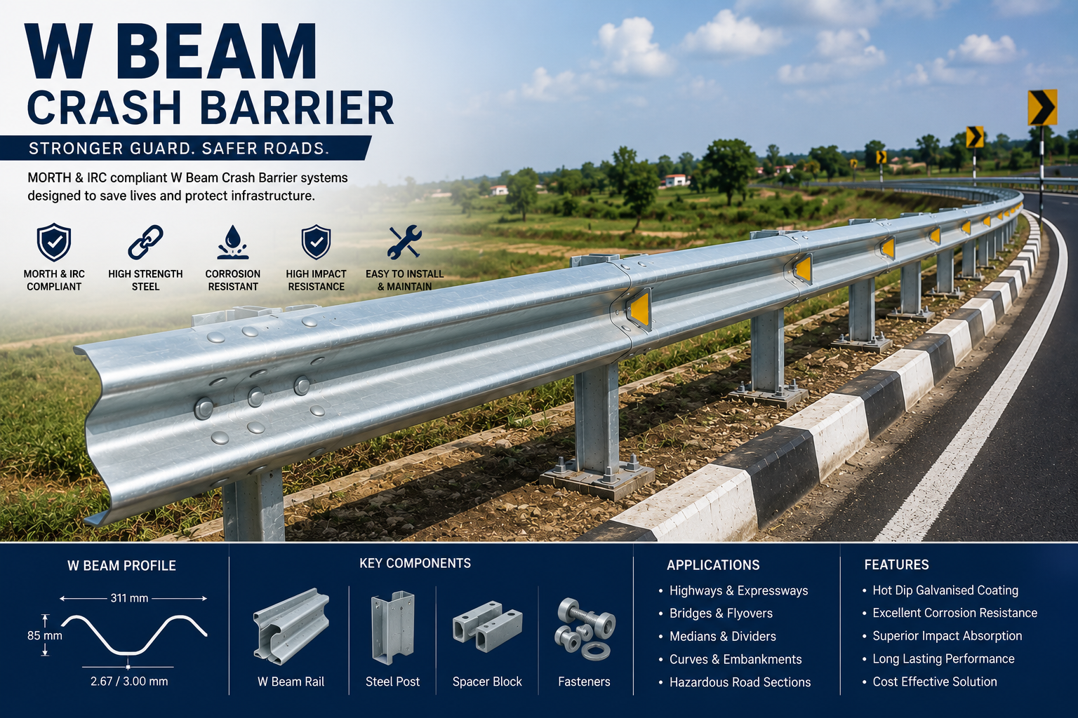 Hot-dip galvanised W beam crash barrier installed on Indian highway as per MORTH and IRC specifications
